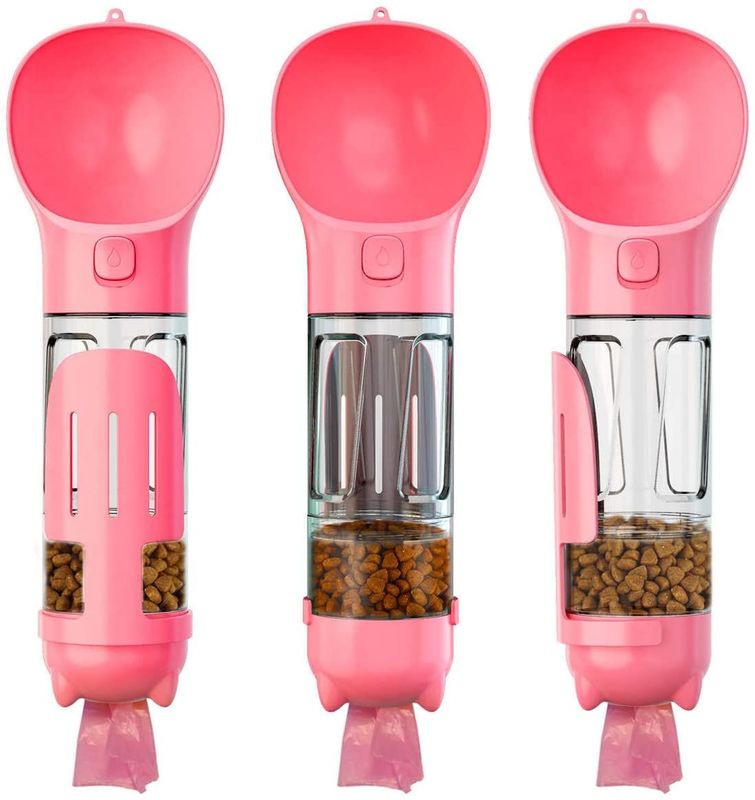 4 In1 음식 콘테이너 &amp; 폐기물 부대를 가진 휴대용 Leakproof 분홍색 개 물병