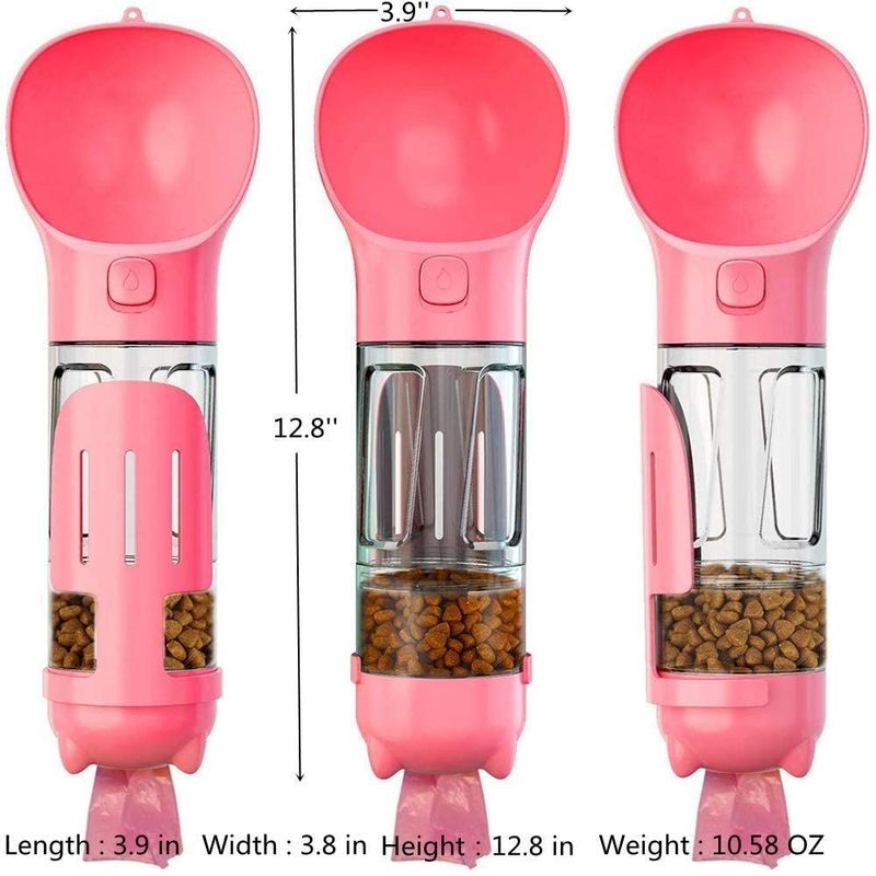 4 In1 음식 콘테이너 &amp; 폐기물 부대를 가진 휴대용 Leakproof 분홍색 개 물병